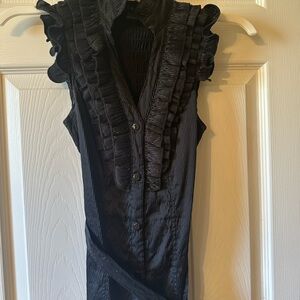 Black Ruffled Sleeveless Button Front Blouse